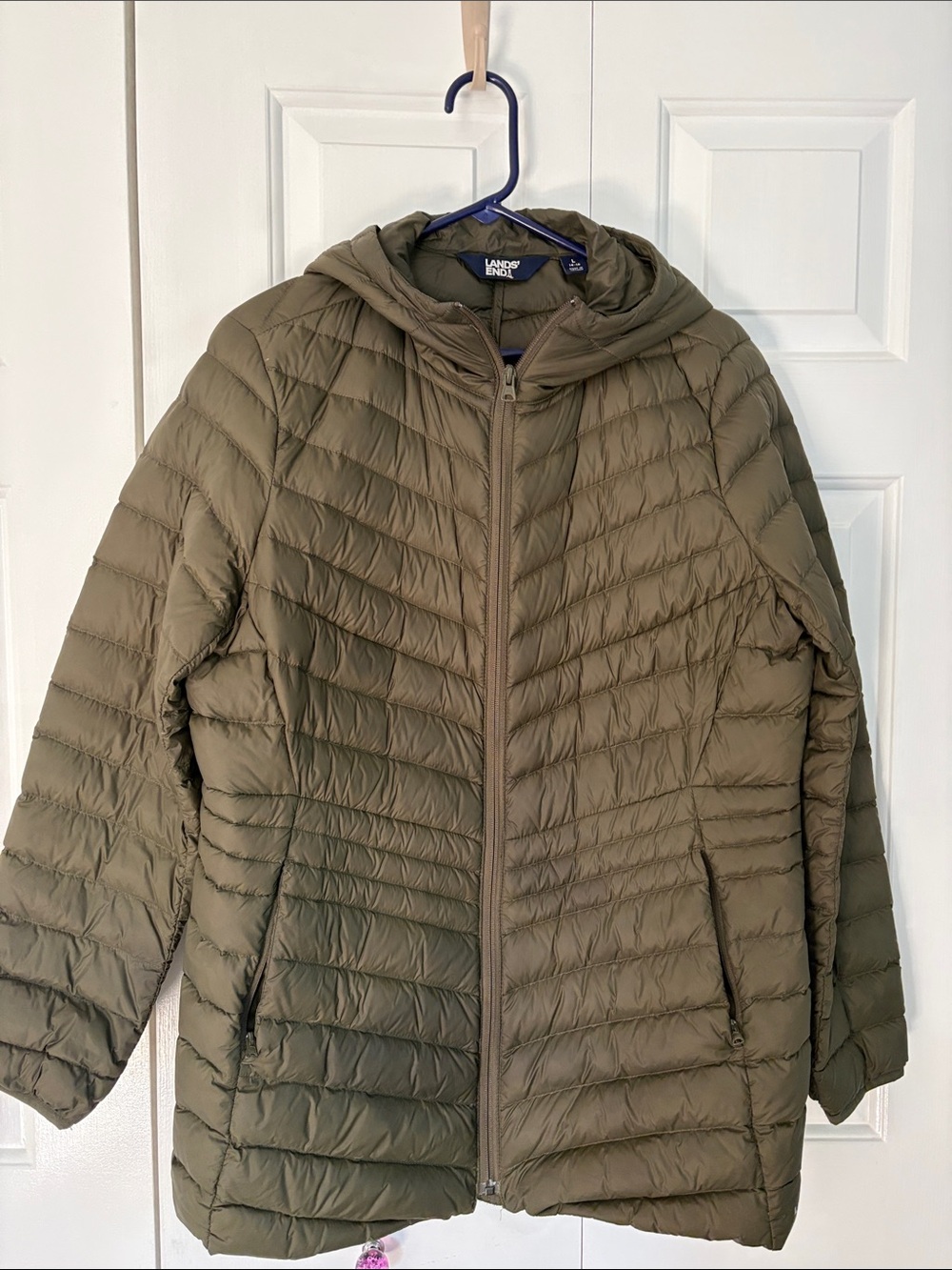 Lands' End women’s Olive Lightweight Hooded Puffer Jacket